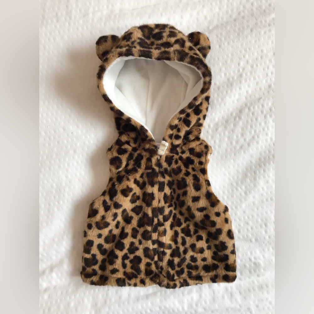 Carter’s Kids Leopard Print Newborn Babies Hooded Faux Fur Fluffy Vest with Ears
